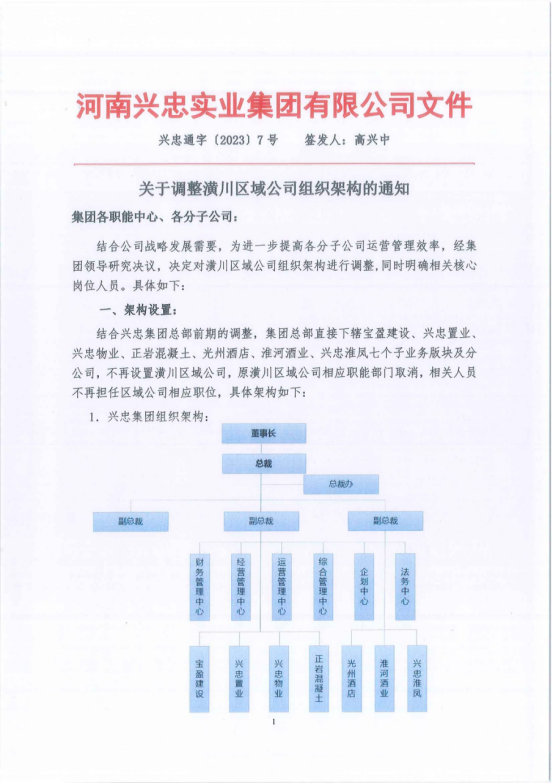 关于调整潢川区域公司组织架构的通知